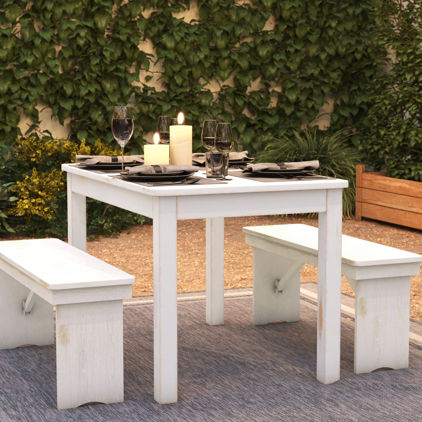 HERCULES Series 46" x 30" Rectangular Antique Rustic White Solid Pine Farm Dining Table Antique Rustic White