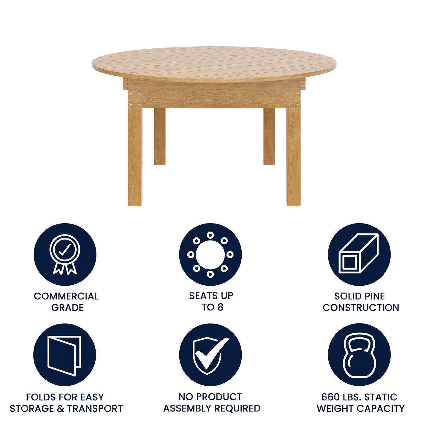 HERCULES 60" Round Light Natural Commercial Farmhouse Folding Table, Antique Rustic Solid Pine Dining Room Table with Foldable Locking Legs Light Natural
