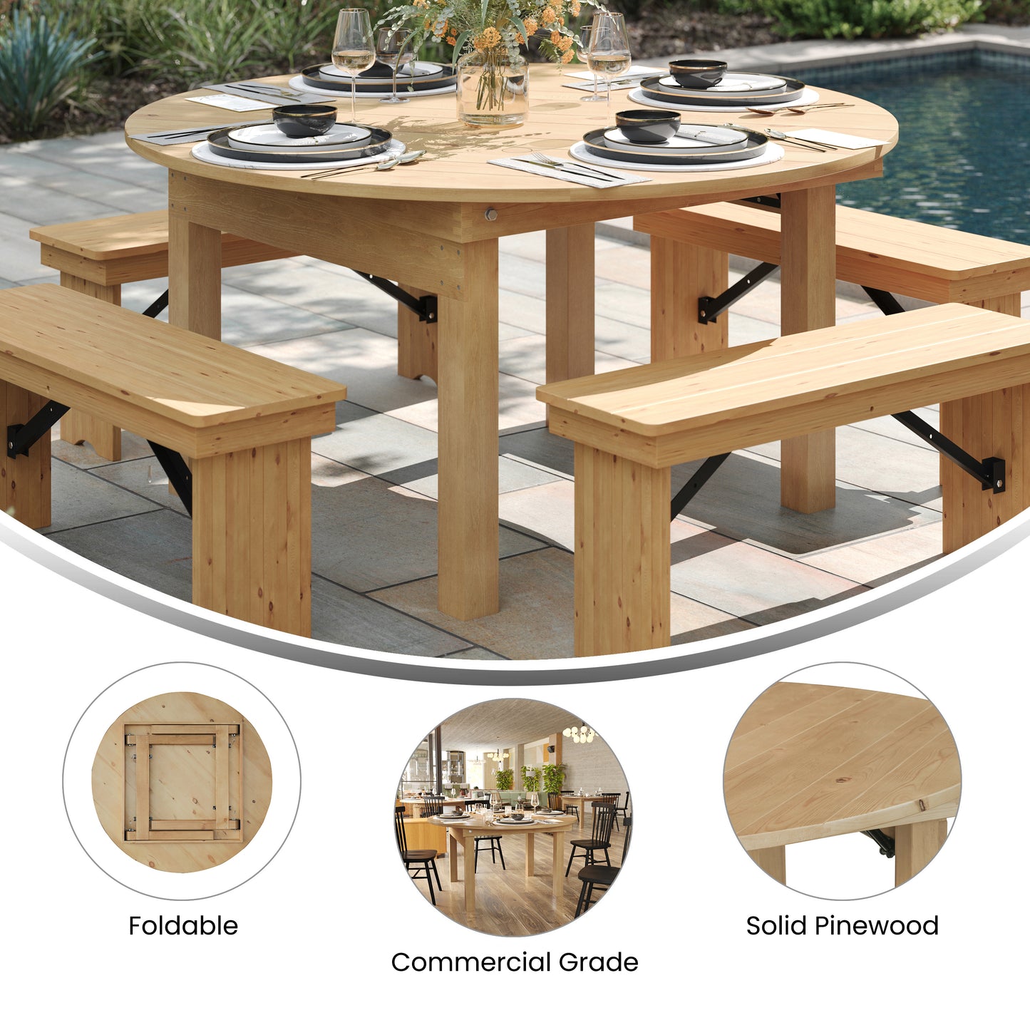 HERCULES 60" Round Light Natural Commercial Farmhouse Folding Table, Antique Rustic Solid Pine Dining Room Table with Foldable Locking Legs Light Natural