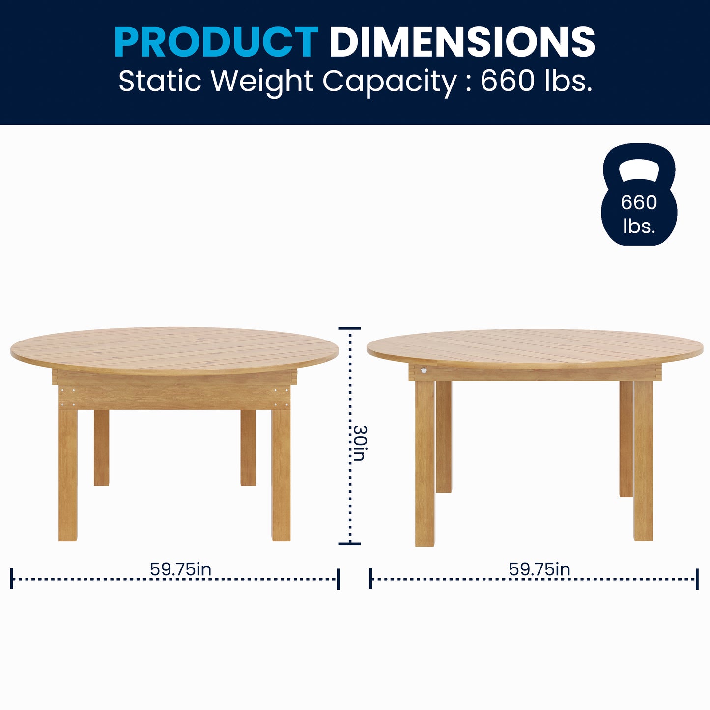 HERCULES 60" Round Light Natural Commercial Farmhouse Folding Table, Antique Rustic Solid Pine Dining Room Table with Foldable Locking Legs Light Natural