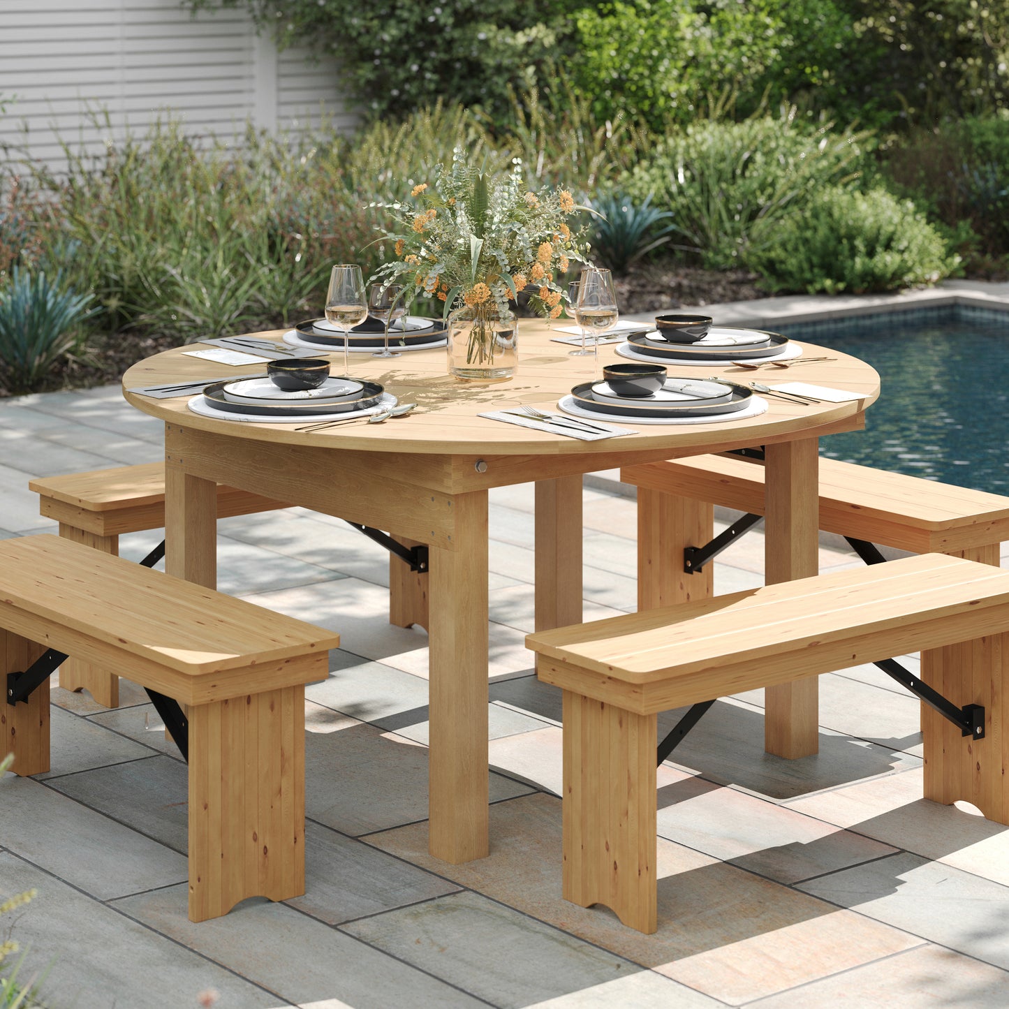 HERCULES 60" Round Light Natural Commercial Farmhouse Folding Table, Antique Rustic Solid Pine Dining Room Table with Foldable Locking Legs Light Natural