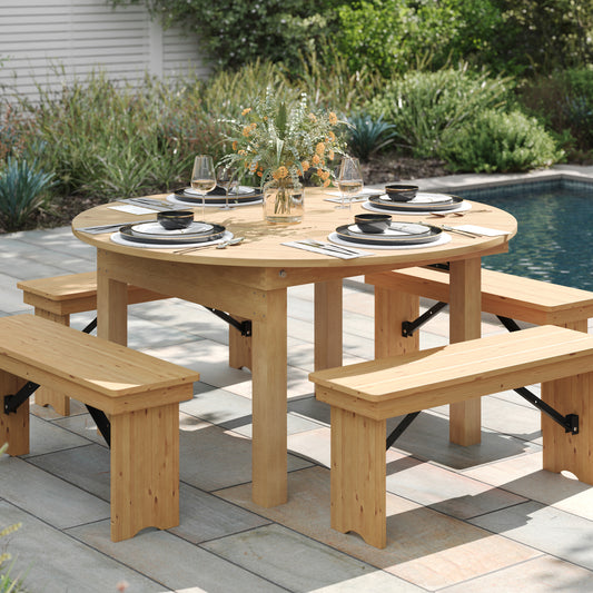 HERCULES 60" Round Light Natural Commercial Farmhouse Folding Table, Antique Rustic Solid Pine Dining Room Table with Foldable Locking Legs Light Natural