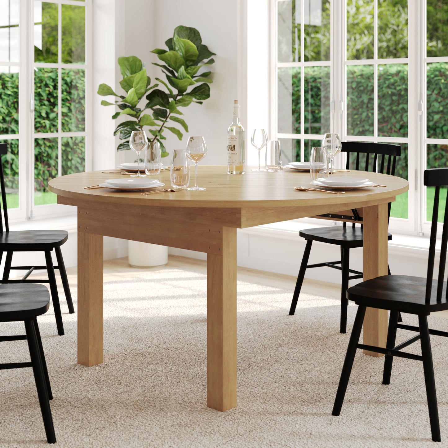 HERCULES 60" Round Light Natural Commercial Farmhouse Folding Table, Antique Rustic Solid Pine Dining Room Table with Foldable Locking Legs Light Natural