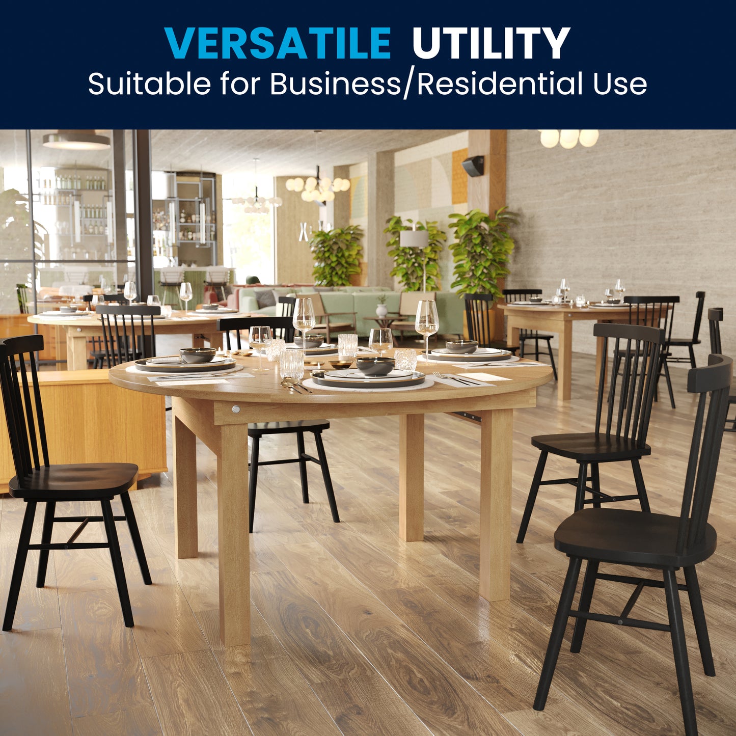 HERCULES 60" Round Light Natural Commercial Farmhouse Folding Table, Antique Rustic Solid Pine Dining Room Table with Foldable Locking Legs Light Natural