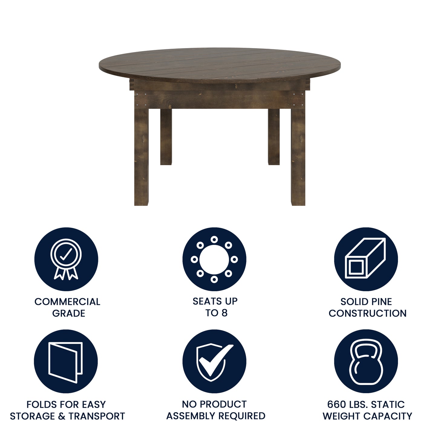 HERCULES 60" Round Mahogany Commercial Farmhouse Folding Table, Antique Rustic Solid Pine Dining Room Table with Foldable Locking Legs Mahogany