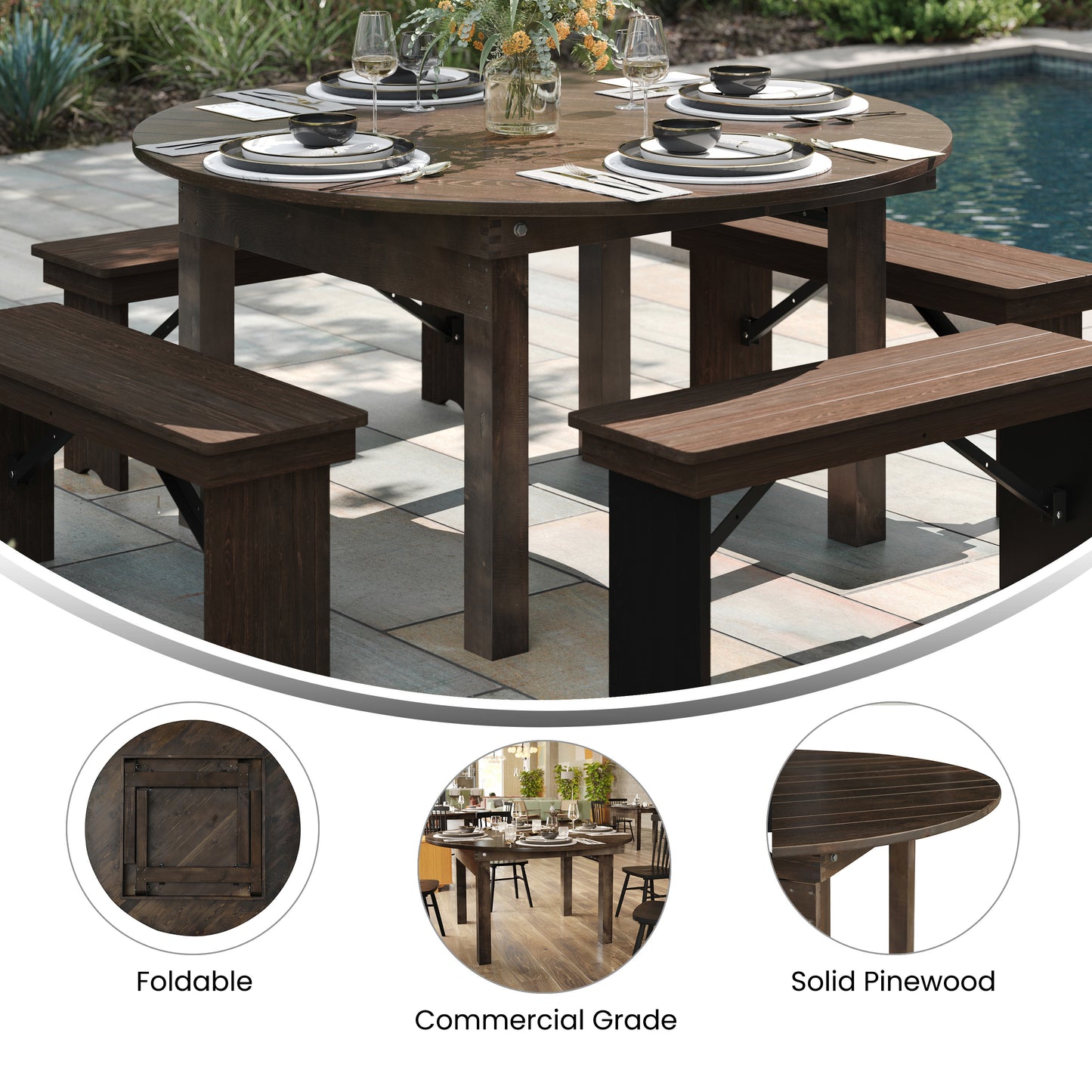 HERCULES 60" Round Mahogany Commercial Farmhouse Folding Table, Antique Rustic Solid Pine Dining Room Table with Foldable Locking Legs Mahogany