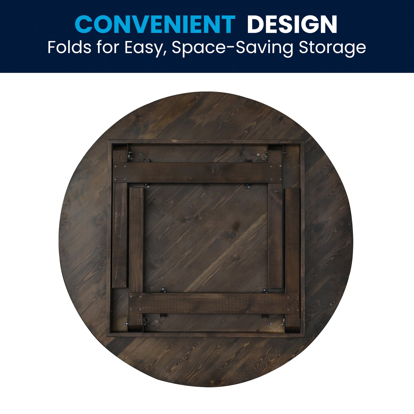 HERCULES 60" Round Mahogany Commercial Farmhouse Folding Table, Antique Rustic Solid Pine Dining Room Table with Foldable Locking Legs Mahogany