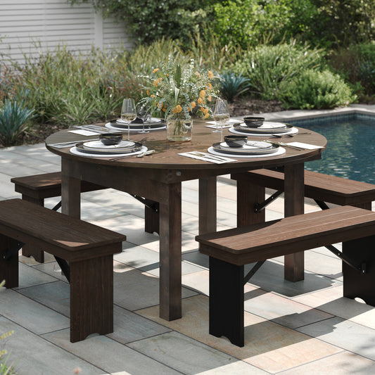 HERCULES 60" Round Mahogany Commercial Farmhouse Folding Table, Antique Rustic Solid Pine Dining Room Table with Foldable Locking Legs Mahogany