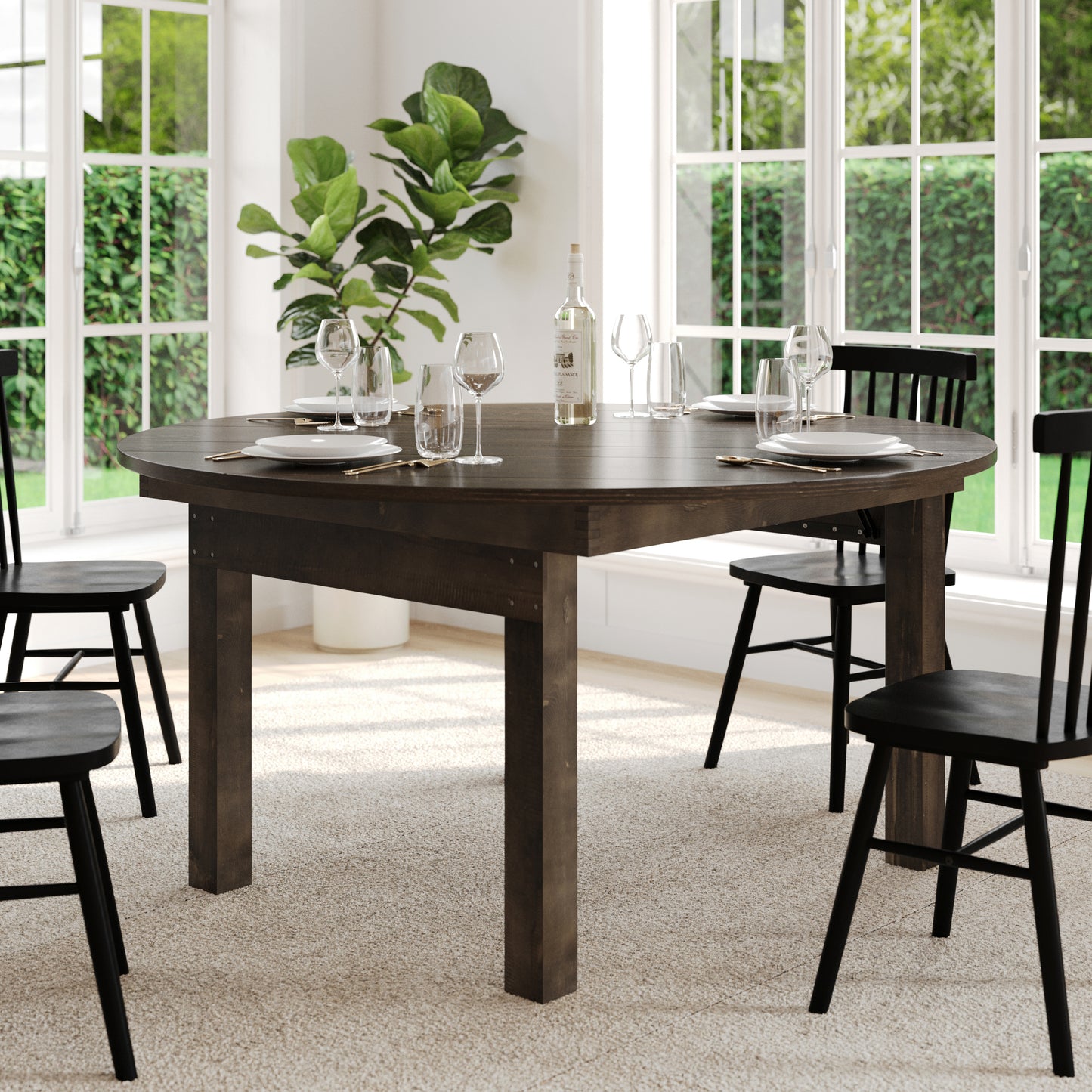 HERCULES 60" Round Mahogany Commercial Farmhouse Folding Table, Antique Rustic Solid Pine Dining Room Table with Foldable Locking Legs Mahogany