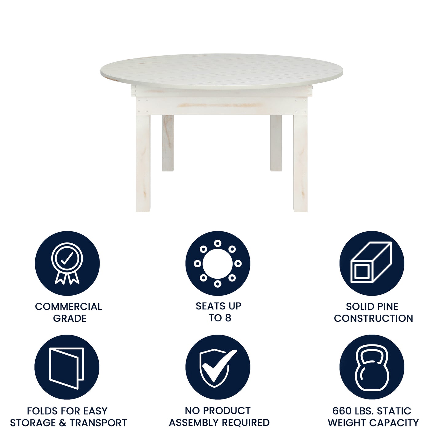 HERCULES 60" Round White Commercial Farmhouse Folding Table, Antique Rustic Solid Pine Dining Room Table with Foldable Locking Legs White XA-F-60-RD-WH-GG
