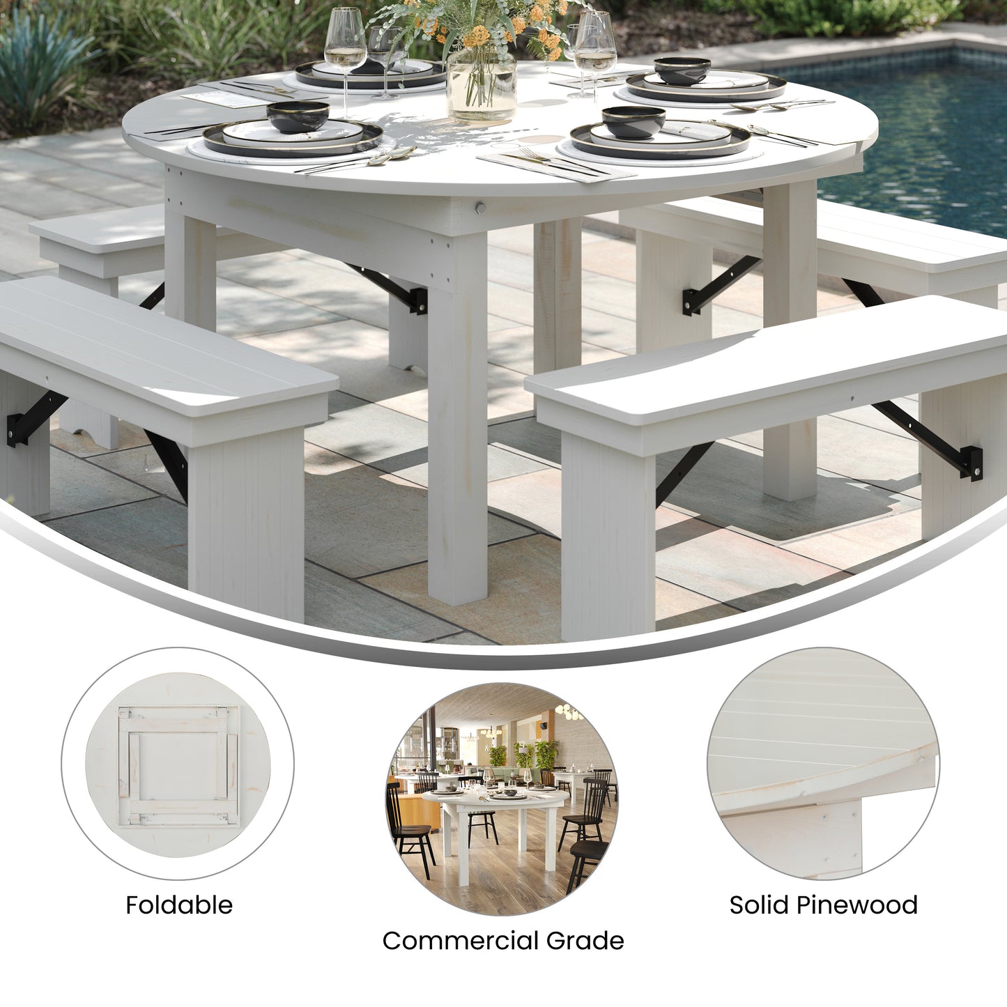 HERCULES 60" Round White Commercial Farmhouse Folding Table, Antique Rustic Solid Pine Dining Room Table with Foldable Locking Legs White XA-F-60-RD-WH-GG
