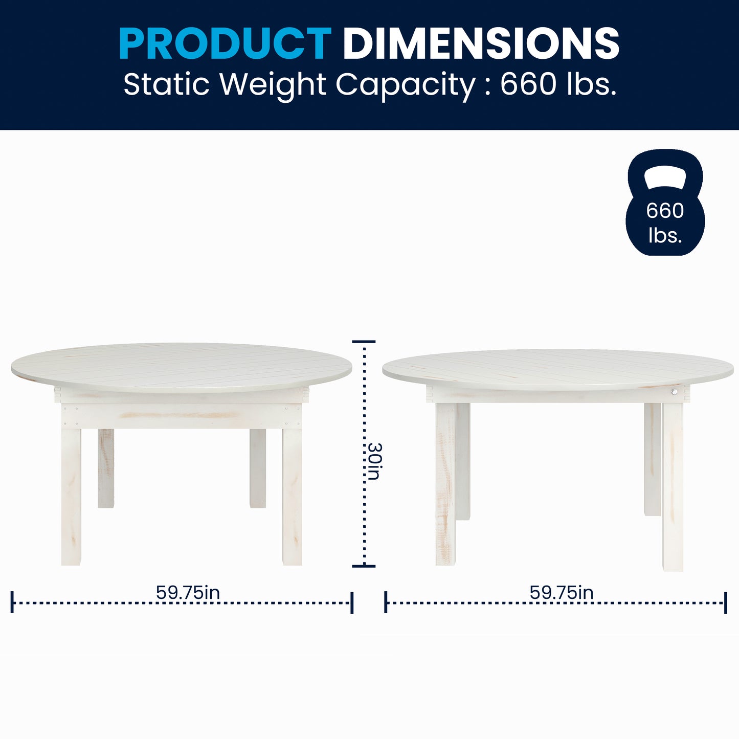 HERCULES 60" Round White Commercial Farmhouse Folding Table, Antique Rustic Solid Pine Dining Room Table with Foldable Locking Legs White XA-F-60-RD-WH-GG