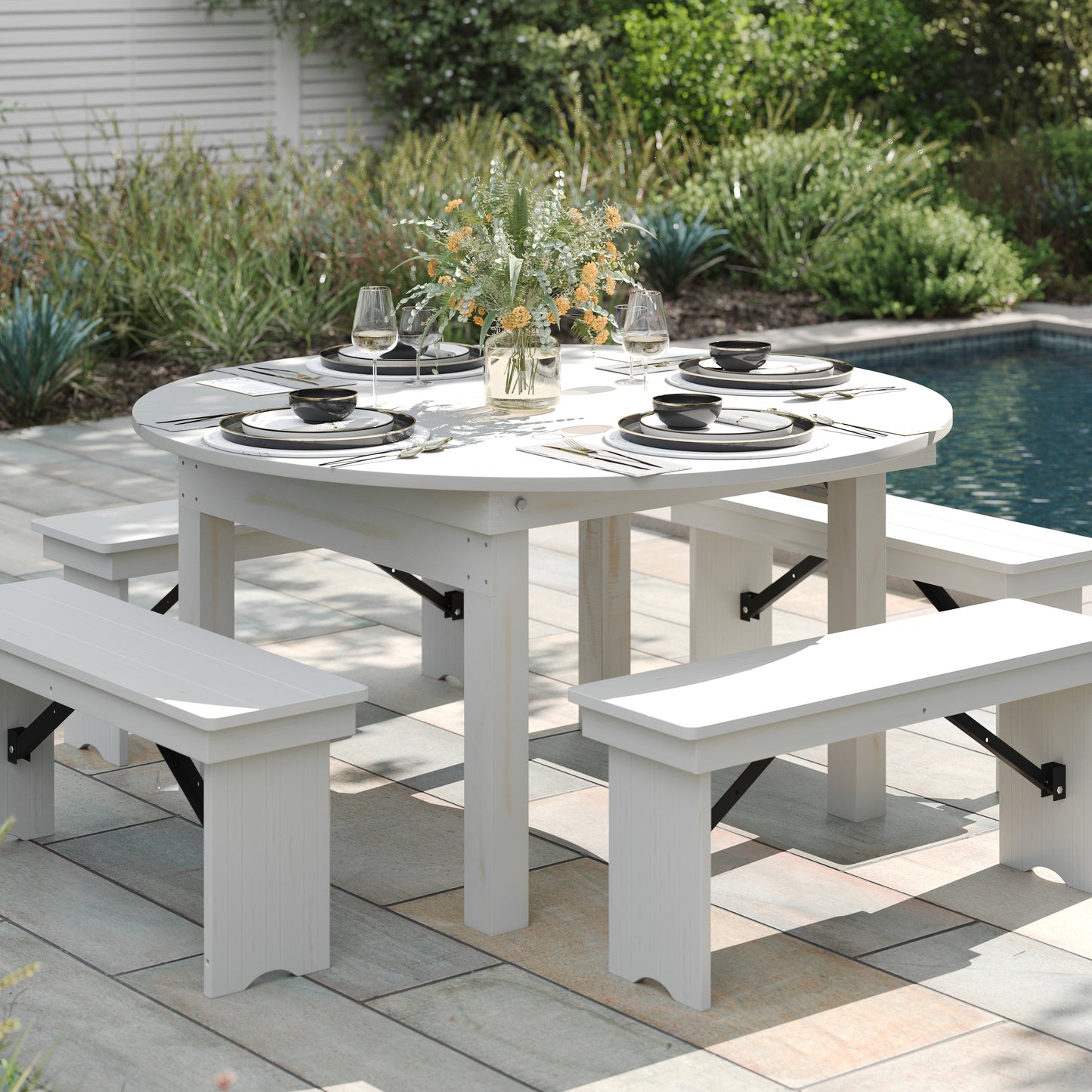 HERCULES 60" Round White Commercial Farmhouse Folding Table, Antique Rustic Solid Pine Dining Room Table with Foldable Locking Legs White XA-F-60-RD-WH-GG