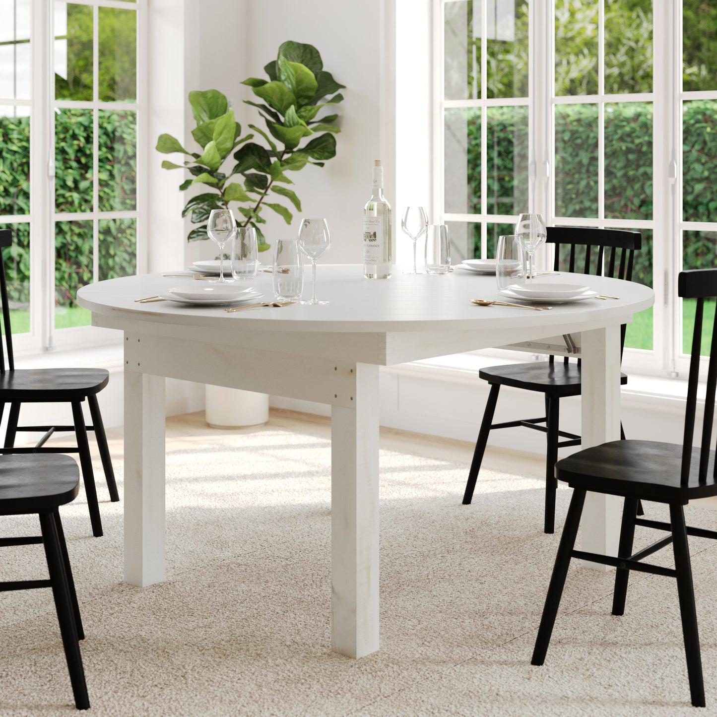 HERCULES 60" Round White Commercial Farmhouse Folding Table, Antique Rustic Solid Pine Dining Room Table with Foldable Locking Legs White XA-F-60-RD-WH-GG