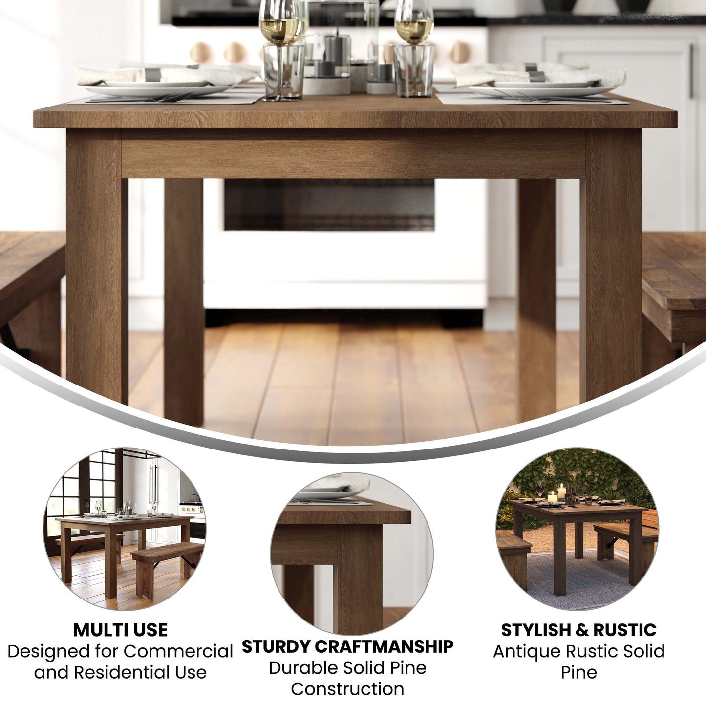 HERCULES 60" x 38" Rectangular Antique Rustic Solid Pine Farm Dining Table Antique Rustic XA-F-60X38-GG