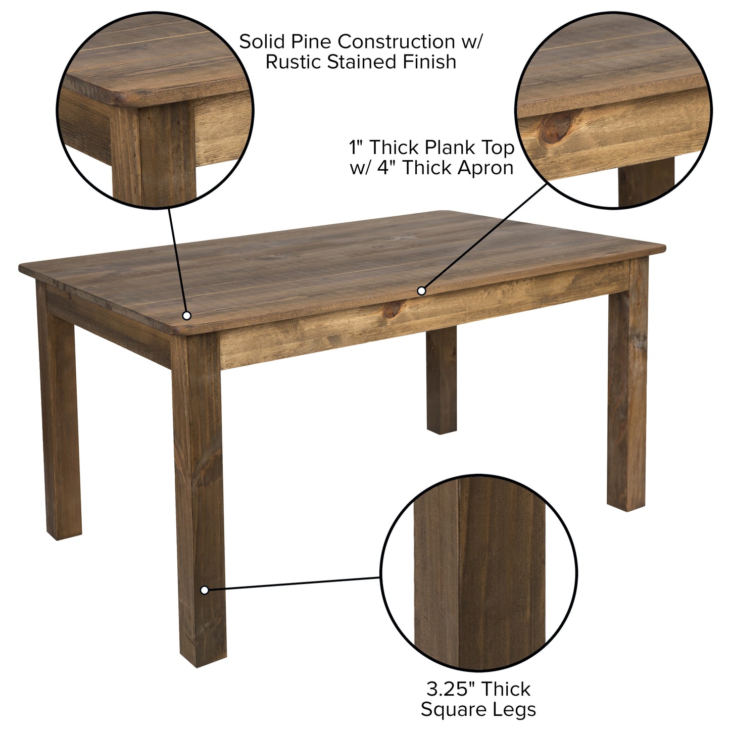 HERCULES 60" x 38" Rectangular Antique Rustic Solid Pine Farm Dining Table Antique Rustic XA-F-60X38-GG
