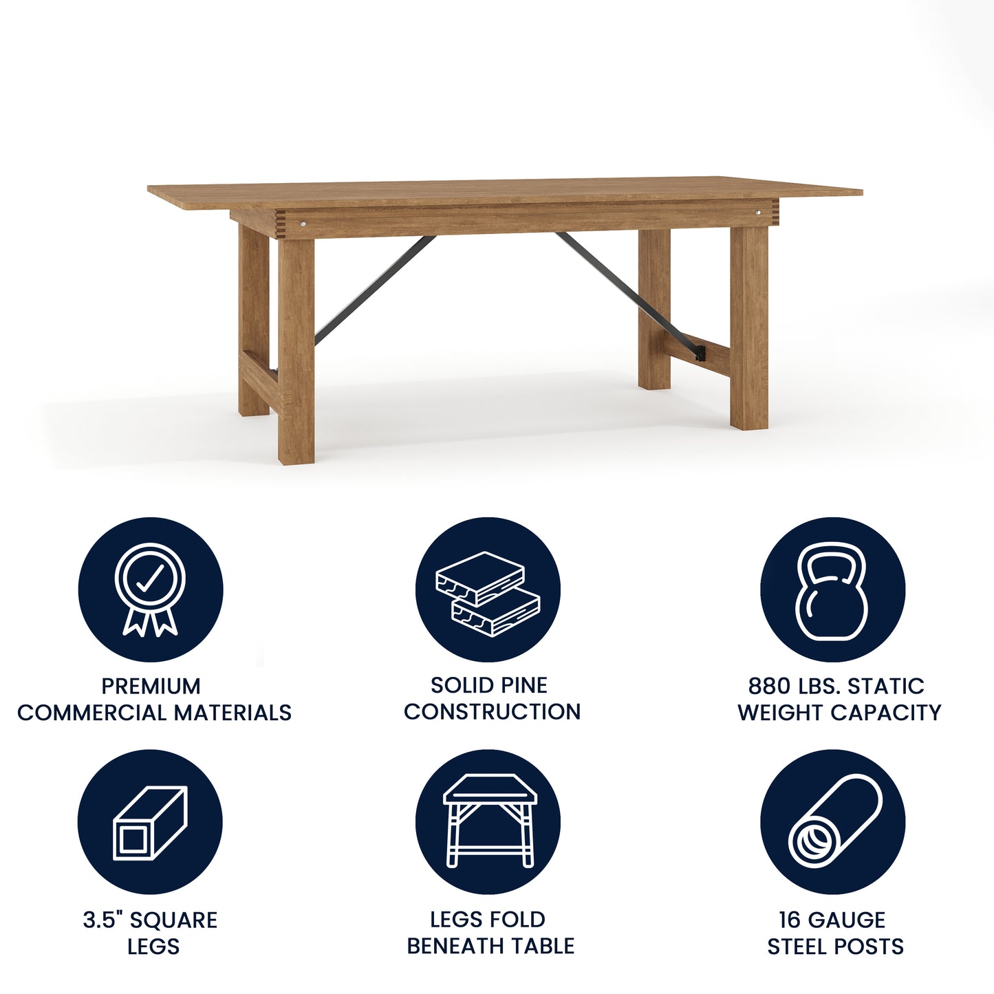 HERCULES Series 7' x 40" Rectangular Antique Rustic Solid Pine Folding Farm Table Antique Rustic
