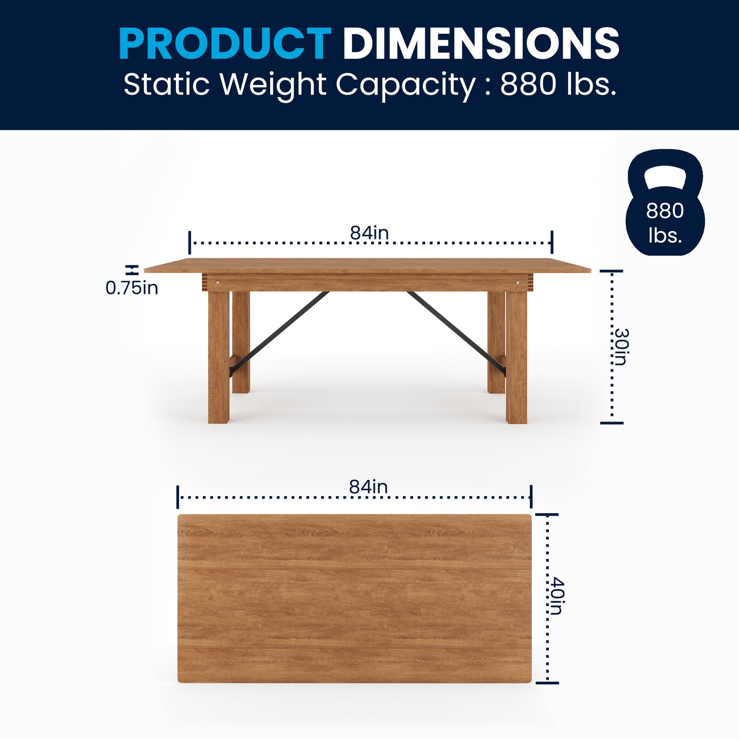 HERCULES Series 7' x 40" Rectangular Antique Rustic Solid Pine Folding Farm Table Antique Rustic