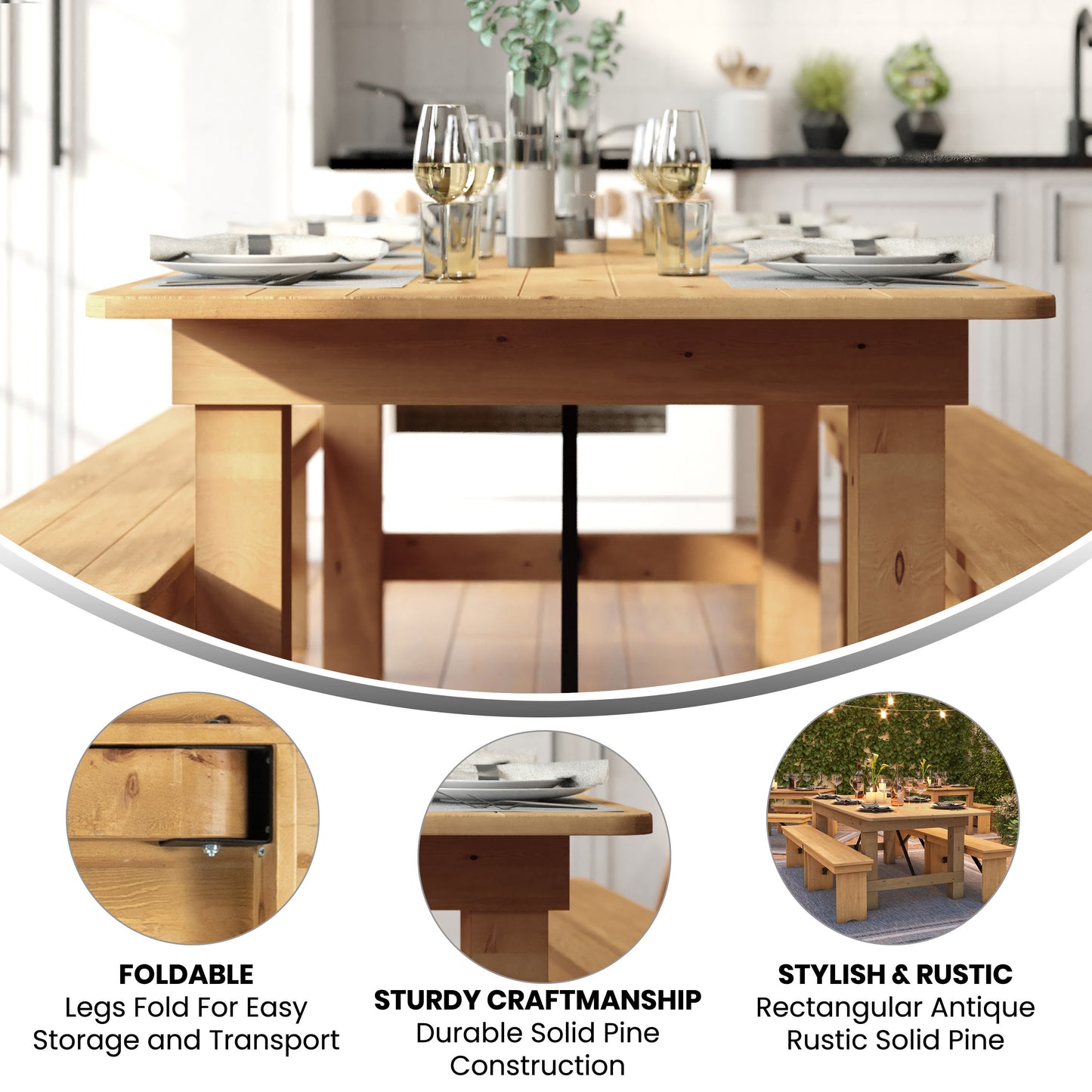 HERCULES 7' x 40" Rectangular Antique Rustic Light Natural Solid Pine Folding Farm Table Light Natural XA-F-84X40-LN-GG