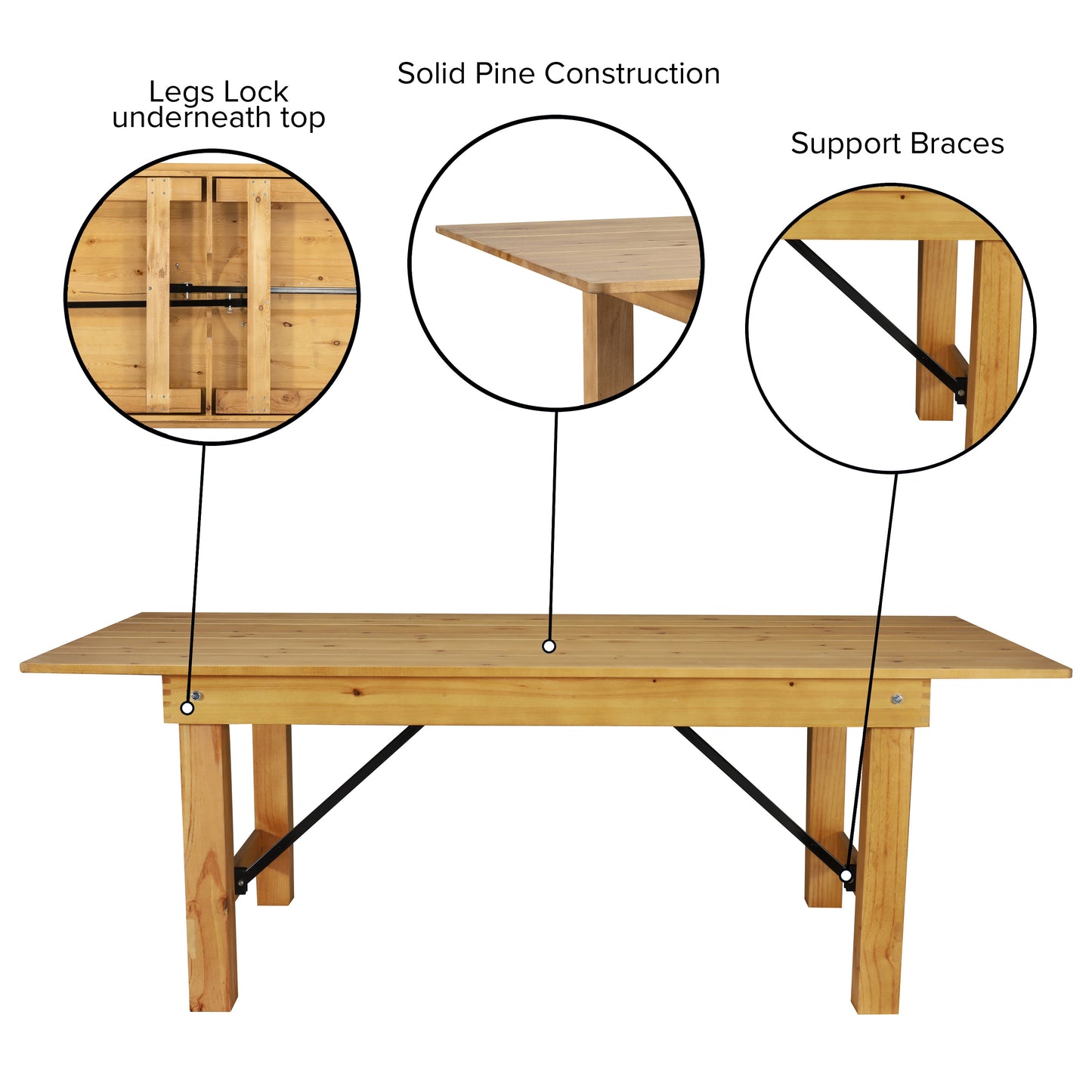 HERCULES 7' x 40" Rectangular Antique Rustic Light Natural Solid Pine Folding Farm Table Light Natural XA-F-84X40-LN-GG