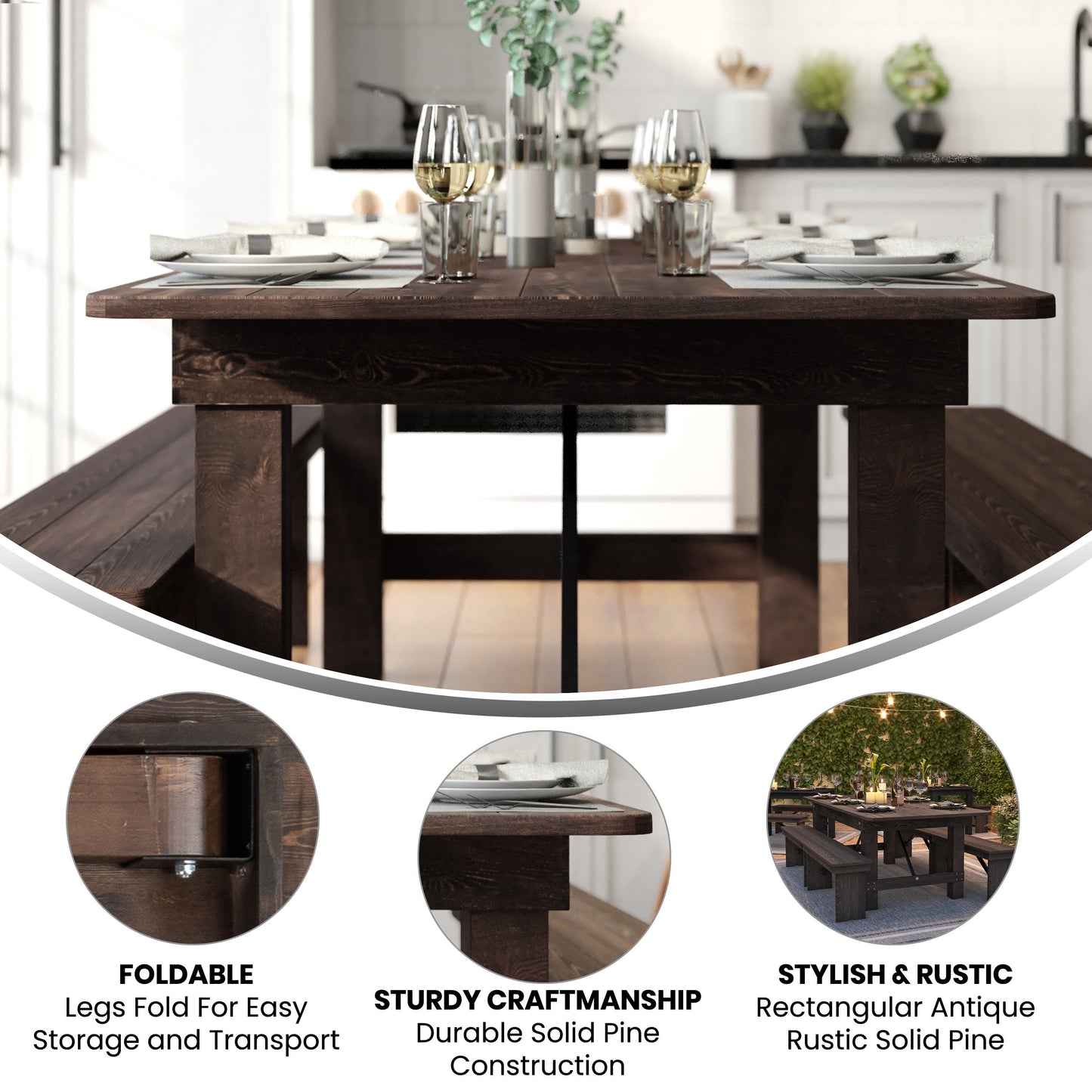 HERCULES 7' x 40" Rectangular Antique Rustic Mahogany Solid Pine Folding Farm Table Mahogany