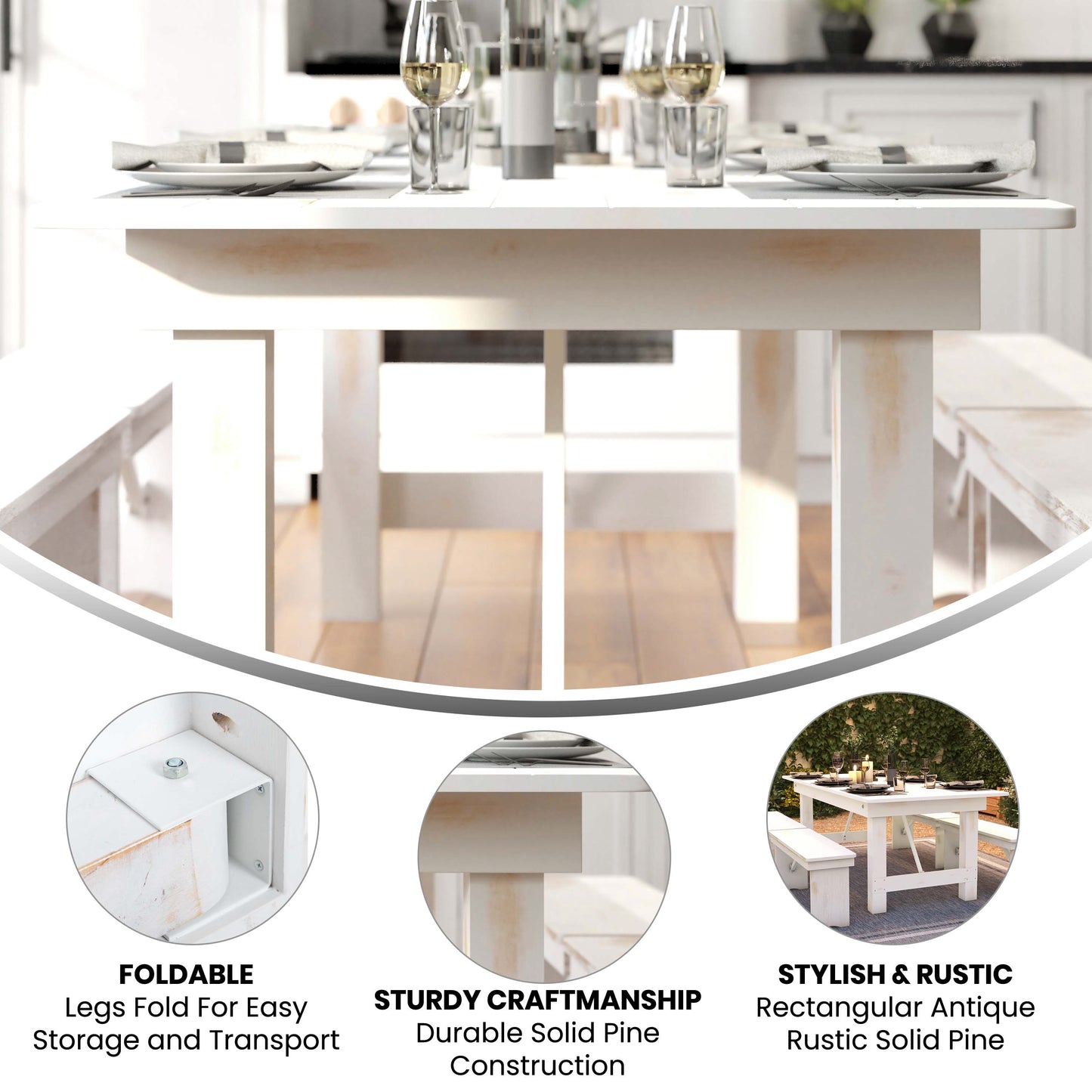 HERCULES Series 7' x 40" Rectangular Antique Rustic White Solid Pine Folding Farm Table Antique Rustic White