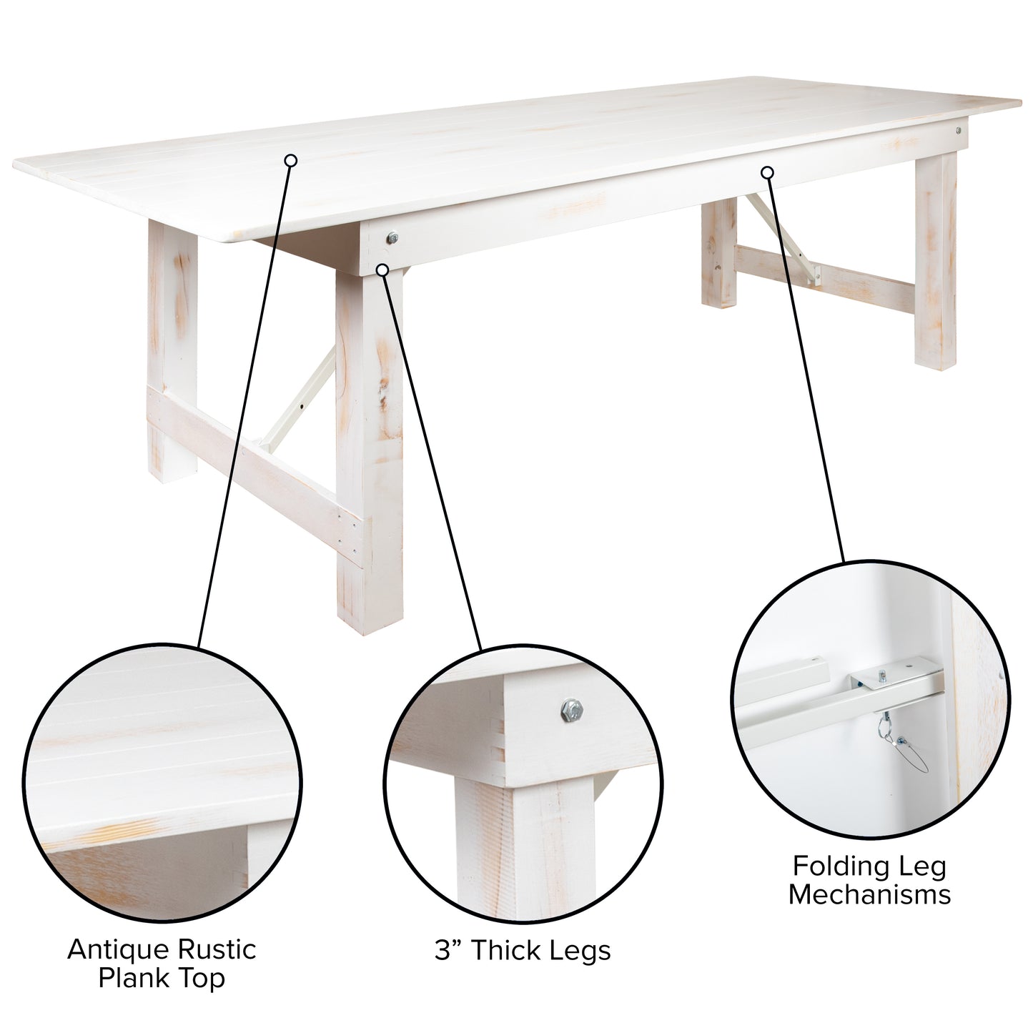 HERCULES Series 7' x 40" Rectangular Antique Rustic White Solid Pine Folding Farm Table Antique Rustic White