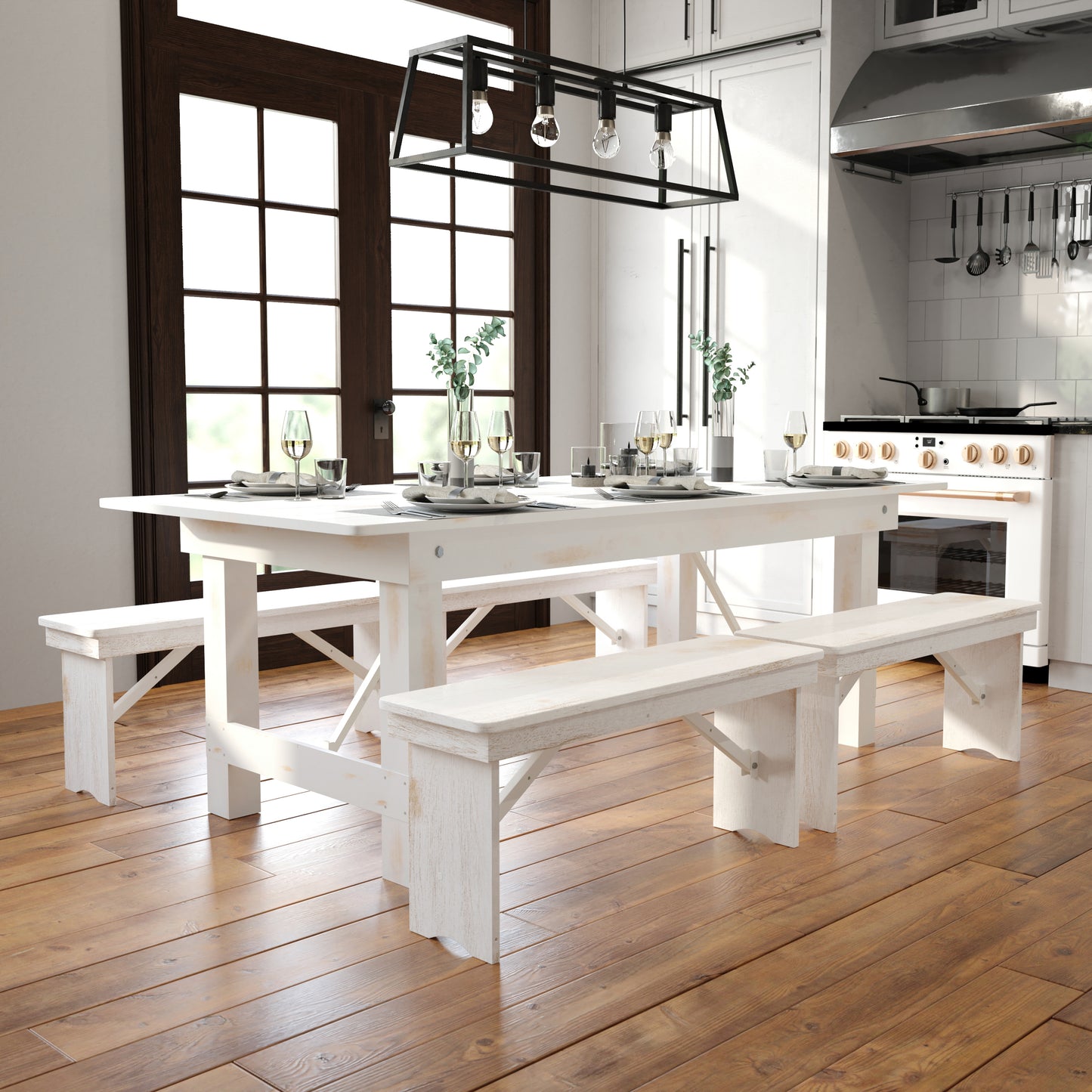 HERCULES Series 7' x 40" Rectangular Antique Rustic White Solid Pine Folding Farm Table Antique Rustic White