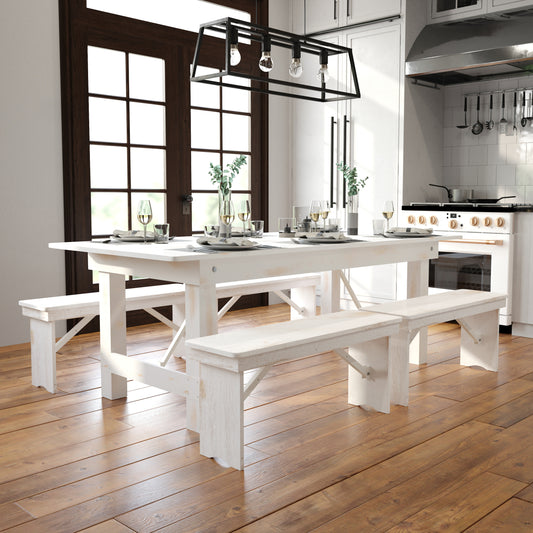 HERCULES Series 7' x 40" Rectangular Antique Rustic White Solid Pine Folding Farm Table Antique Rustic White