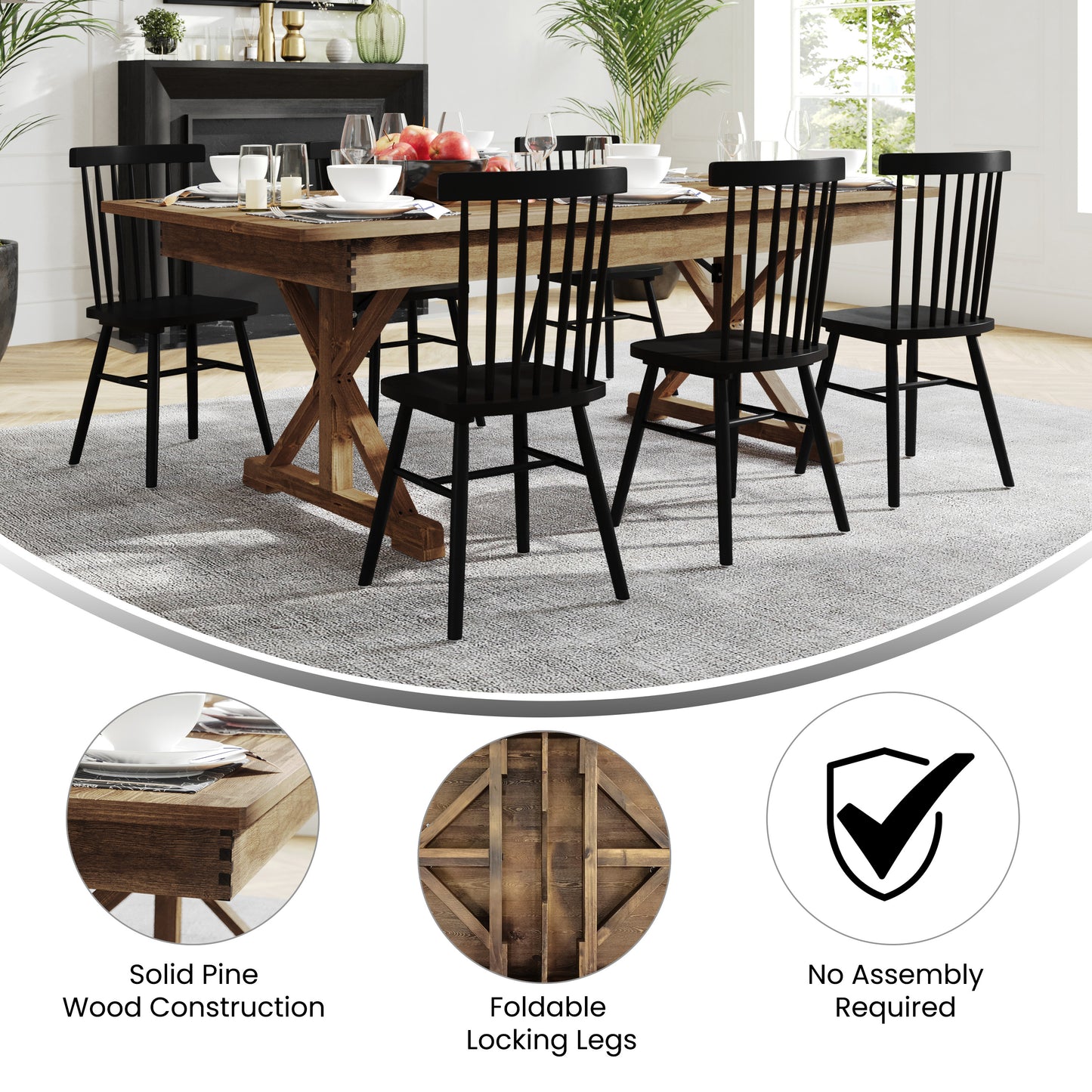 HERCULES 7' x 40" Rectangular Antique Rustic Solid Pine Folding Farm Table with X Legs Antique Rustic
