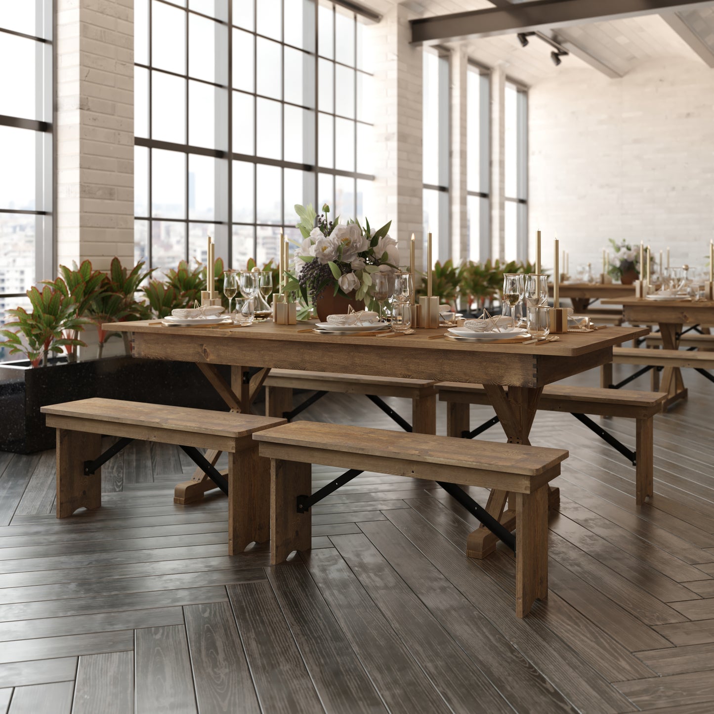 HERCULES 7' x 40" Rectangular Antique Rustic Solid Pine Folding Farm Table with X Legs Antique Rustic