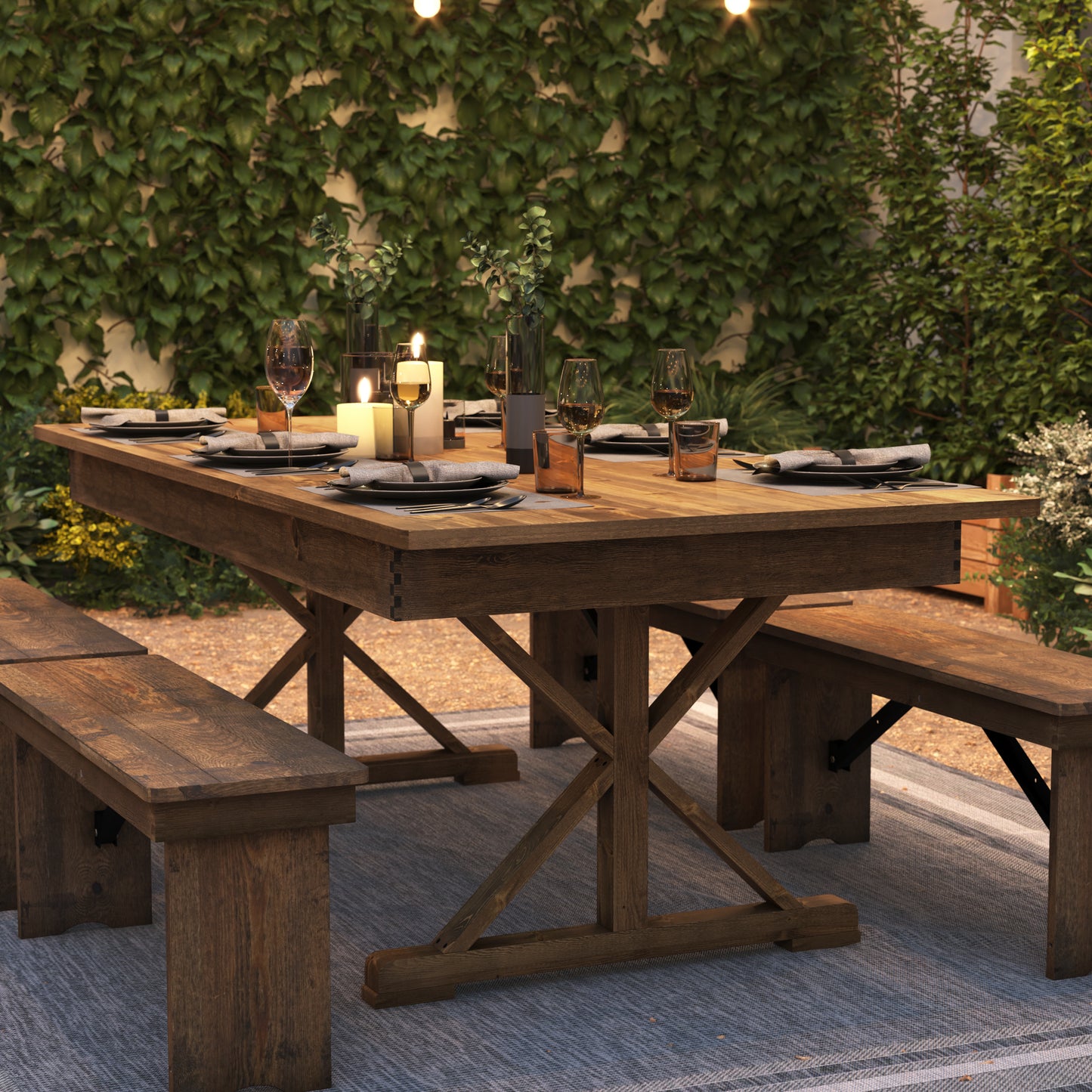 HERCULES 7' x 40" Rectangular Antique Rustic Solid Pine Folding Farm Table with X Legs Antique Rustic