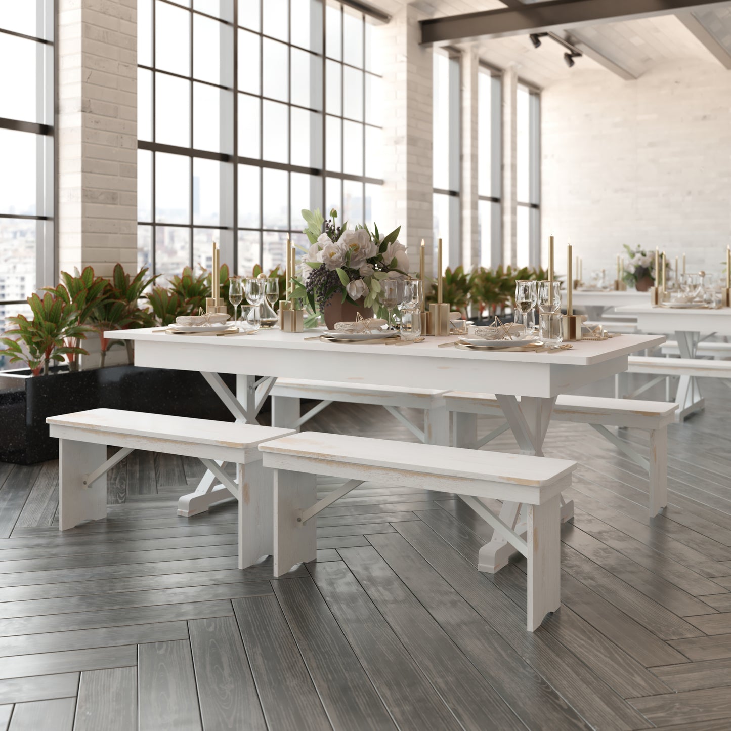 HERCULES 7' x 40" Rectangular Antique Rustic White Solid Pine Folding Farm Table with X Legs Antique Rustic White