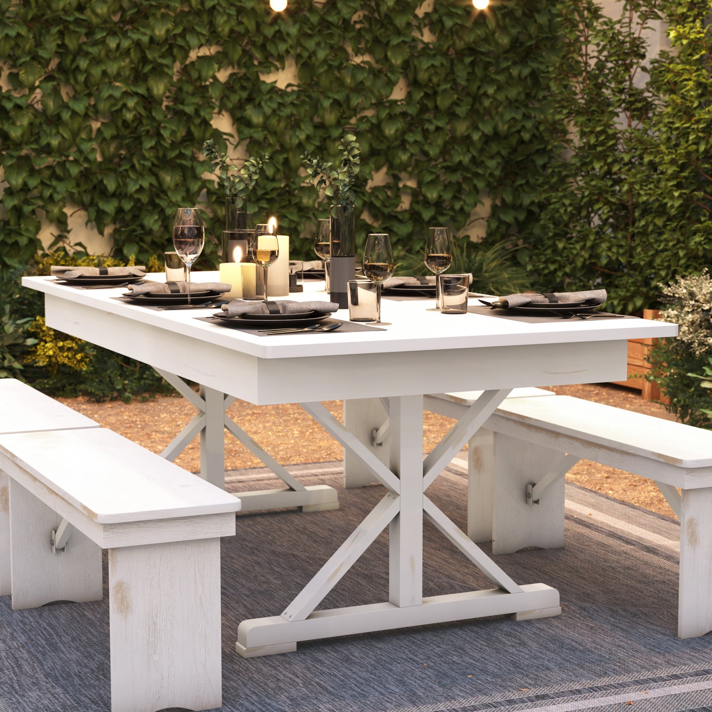 HERCULES 7' x 40" Rectangular Antique Rustic White Solid Pine Folding Farm Table with X Legs Antique Rustic White