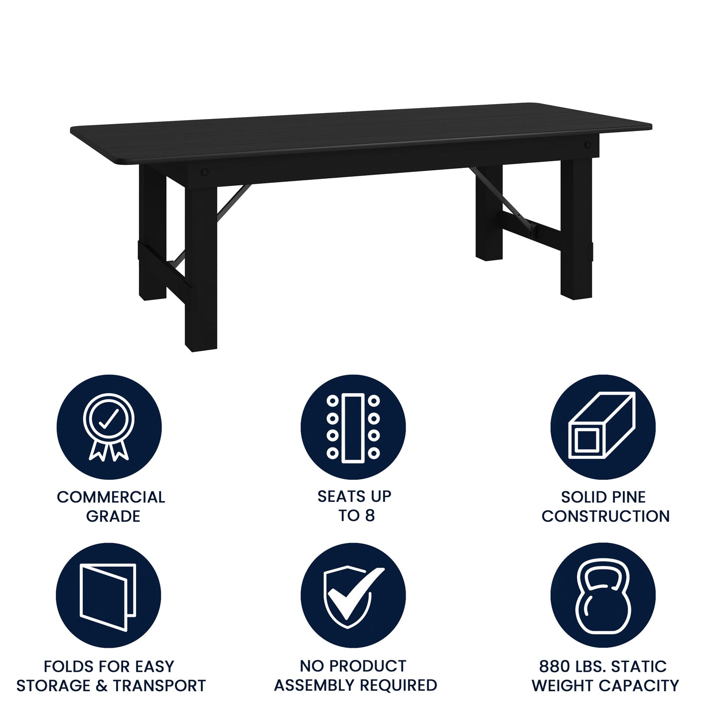HERCULES 8' x 40" Rectangular Black Wash Commercial Farmhouse Folding Table, Antique Rustic Solid Pine Dining Room Table with Foldable Locking Legs Black Wash