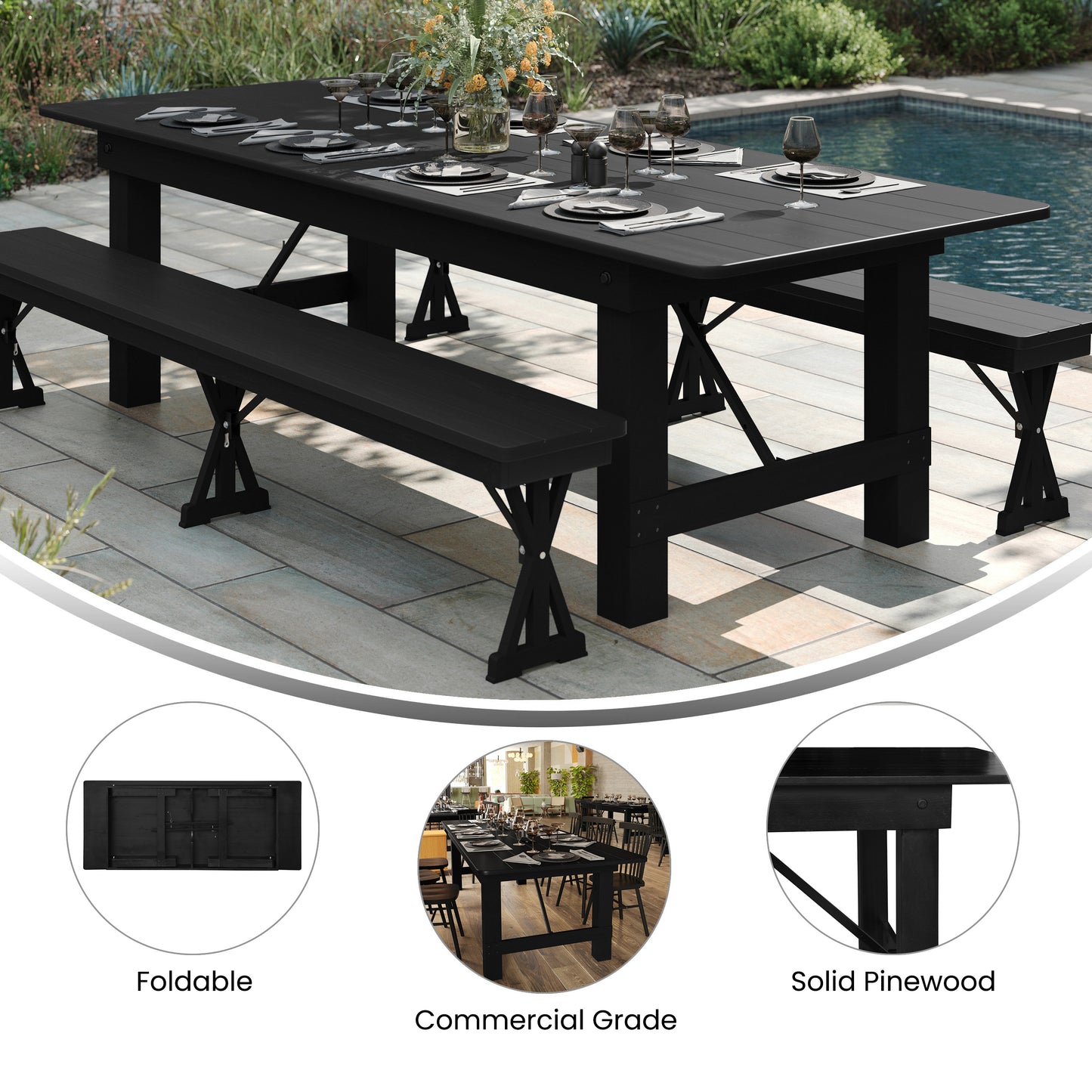 HERCULES 8' x 40" Rectangular Black Wash Commercial Farmhouse Folding Table, Antique Rustic Solid Pine Dining Room Table with Foldable Locking Legs Black Wash