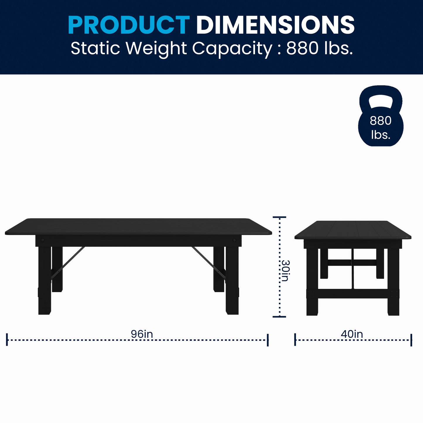 HERCULES 8' x 40" Rectangular Black Wash Commercial Farmhouse Folding Table, Antique Rustic Solid Pine Dining Room Table with Foldable Locking Legs Black Wash