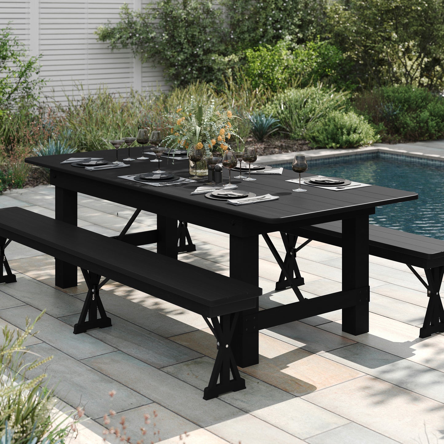 HERCULES 8' x 40" Rectangular Black Wash Commercial Farmhouse Folding Table, Antique Rustic Solid Pine Dining Room Table with Foldable Locking Legs Black Wash