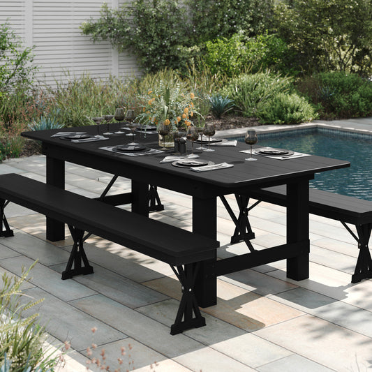 HERCULES 8' x 40" Rectangular Black Wash Commercial Farmhouse Folding Table, Antique Rustic Solid Pine Dining Room Table with Foldable Locking Legs Black Wash