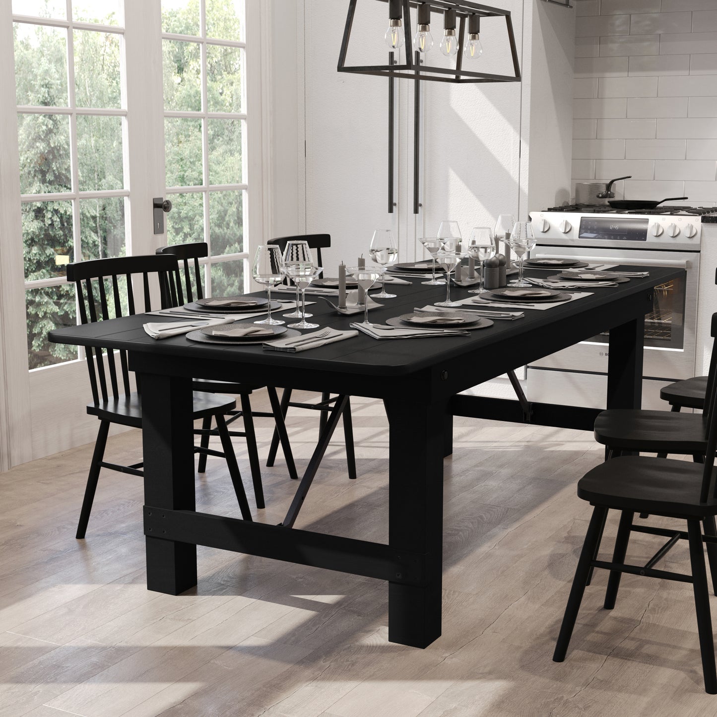 HERCULES 8' x 40" Rectangular Black Wash Commercial Farmhouse Folding Table, Antique Rustic Solid Pine Dining Room Table with Foldable Locking Legs Black Wash