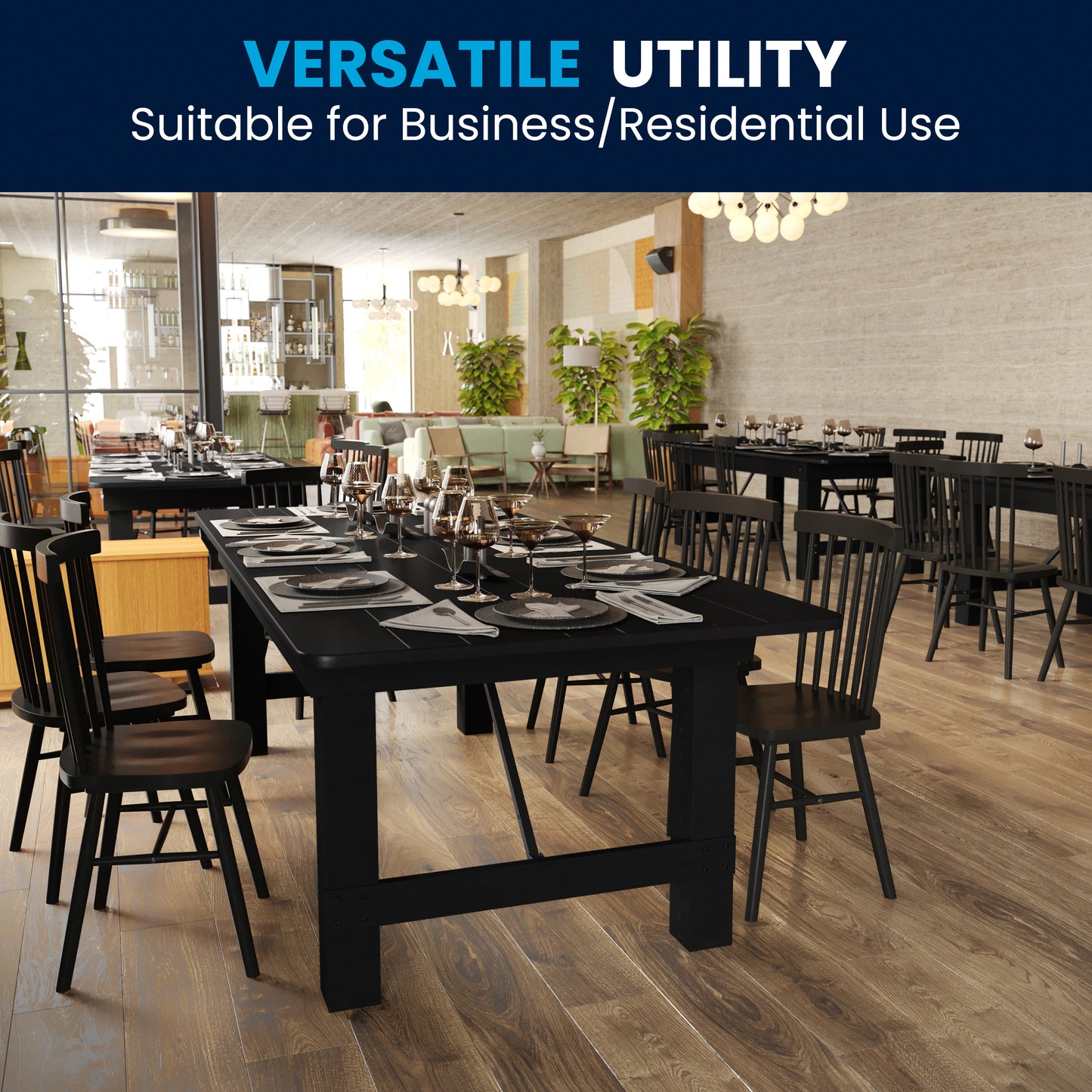 HERCULES 8' x 40" Rectangular Black Wash Commercial Farmhouse Folding Table, Antique Rustic Solid Pine Dining Room Table with Foldable Locking Legs Black Wash