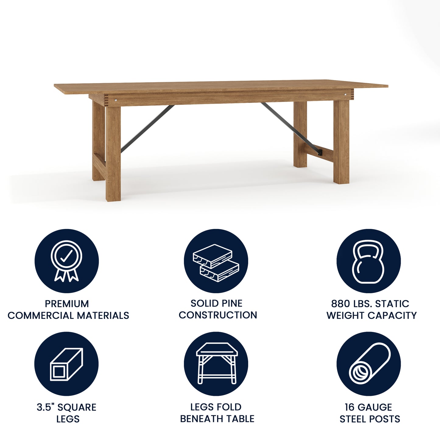 HERCULES Series 8' x 40" Rectangular Antique Rustic Solid Pine Folding Farm Table Antique Rustic