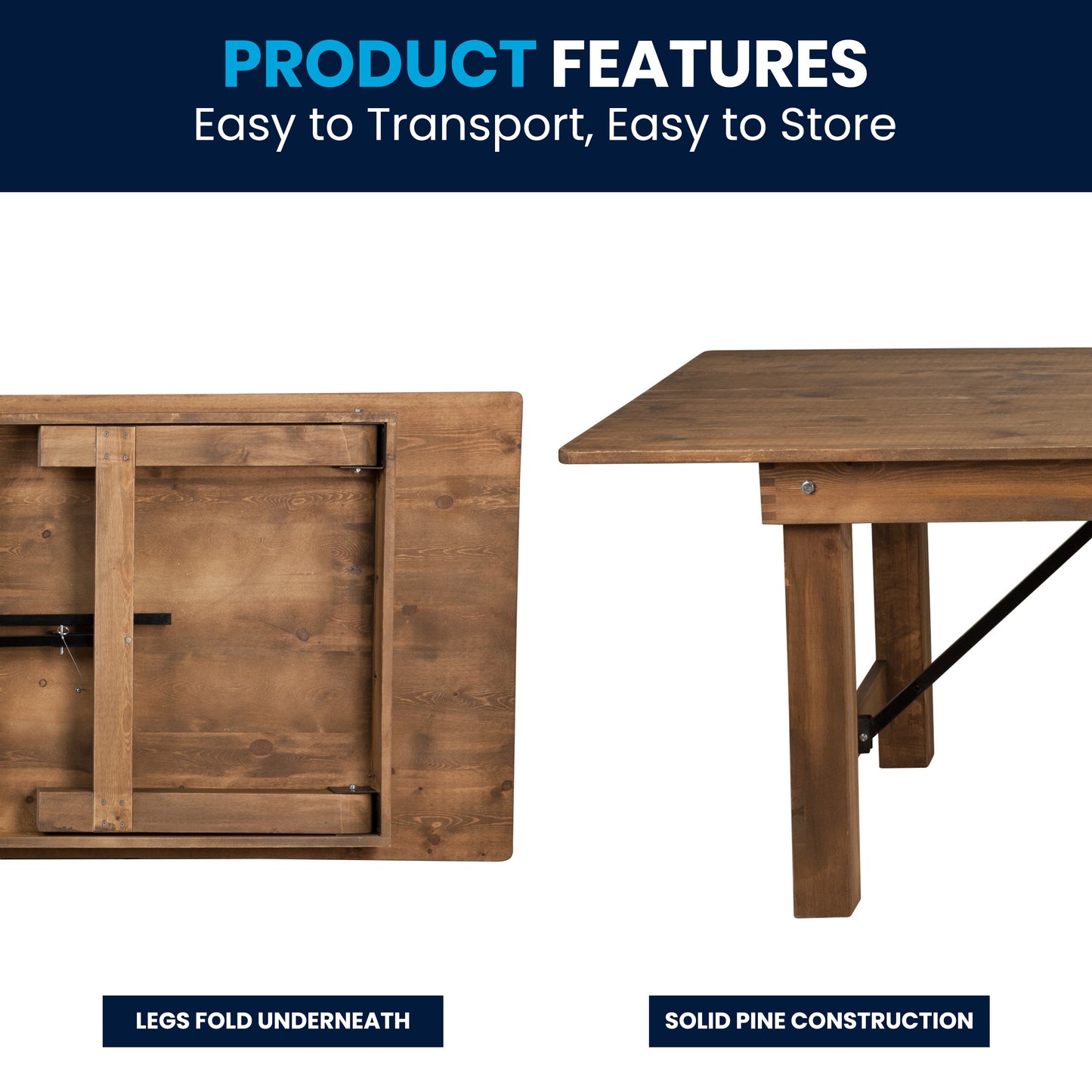 HERCULES Series 8' x 40" Rectangular Antique Rustic Solid Pine Folding Farm Table Antique Rustic