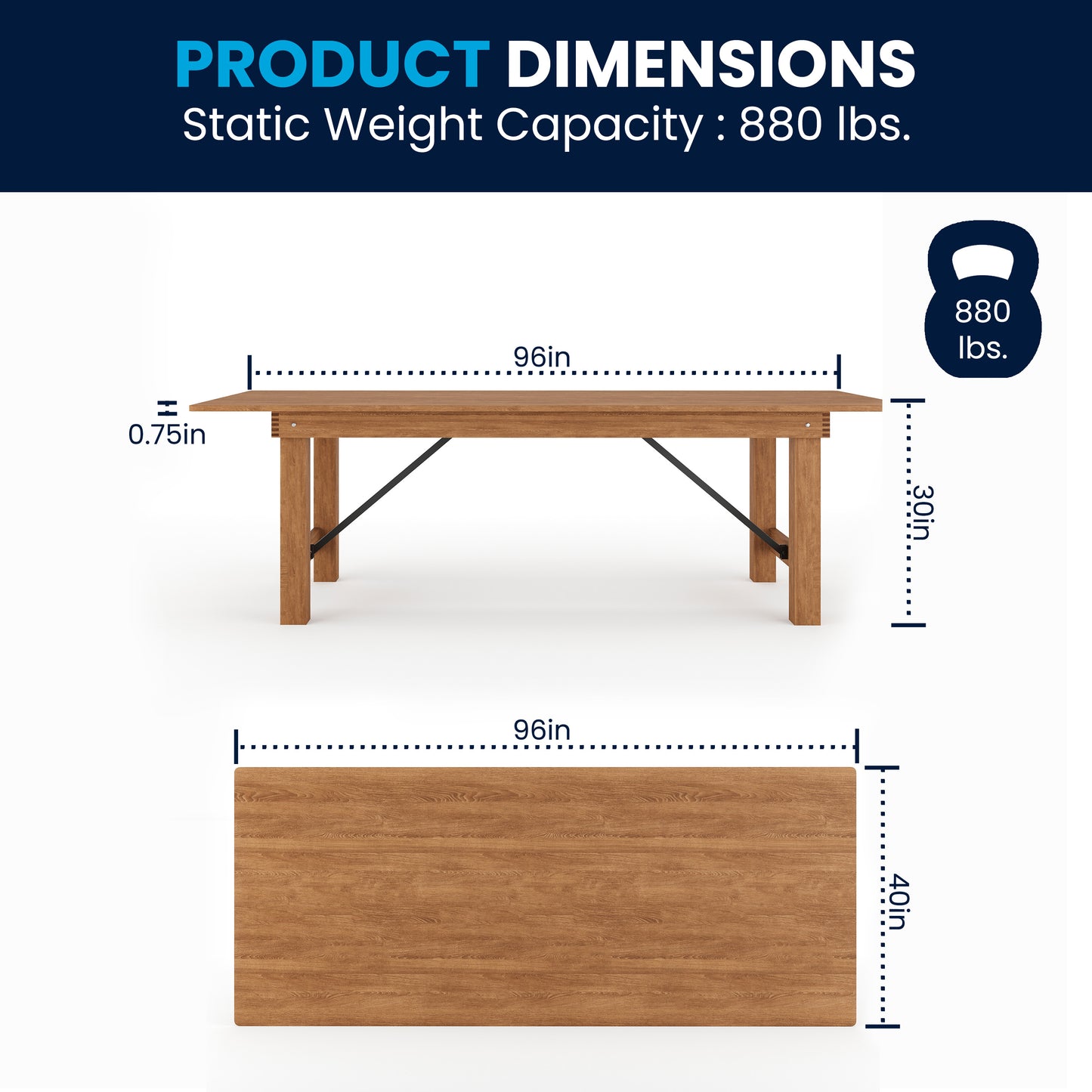 HERCULES Series 8' x 40" Rectangular Antique Rustic Solid Pine Folding Farm Table Antique Rustic