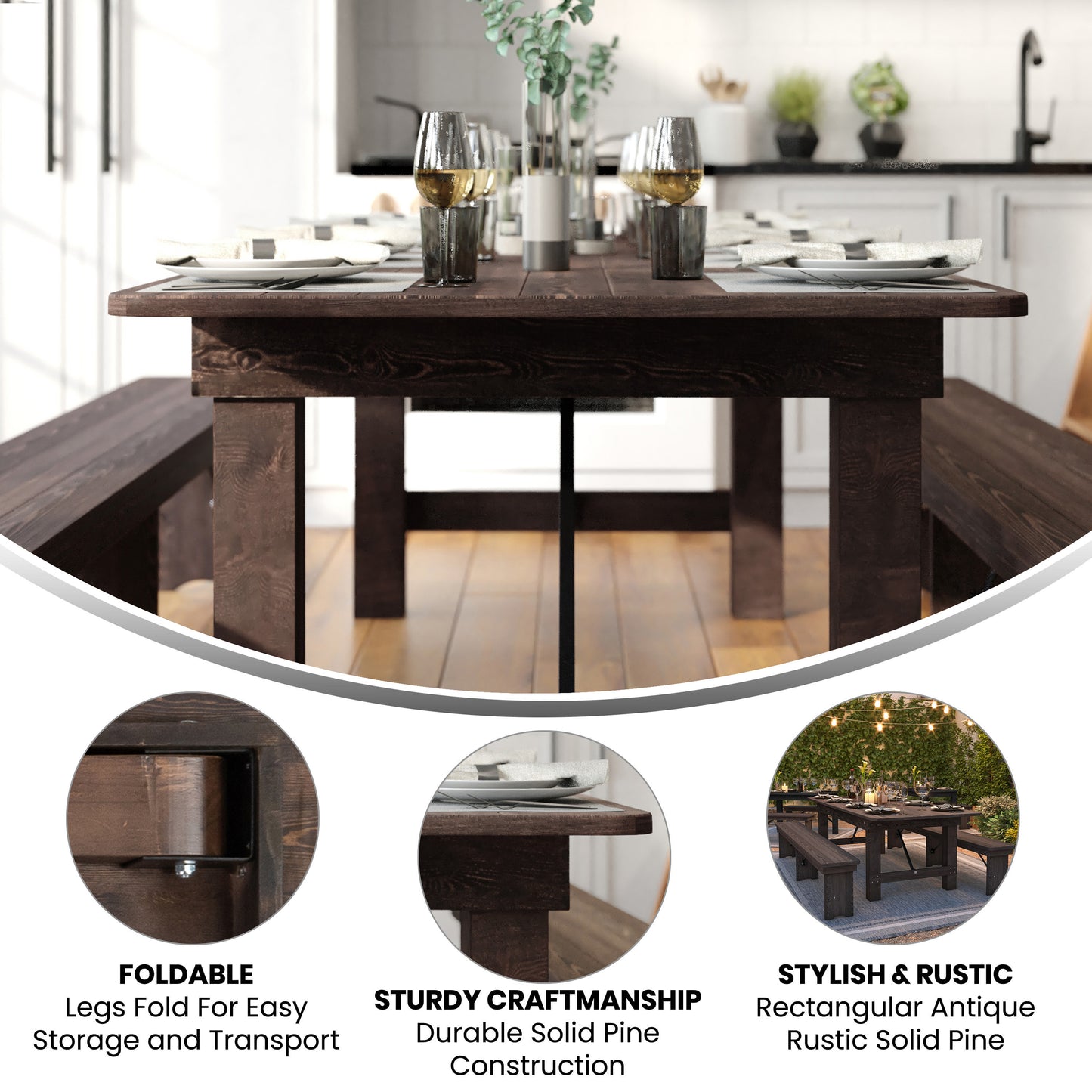 HERCULES 8' x 40" Rectangular Antique Rustic Mahogany Solid Pine Folding Farm Table Mahogany