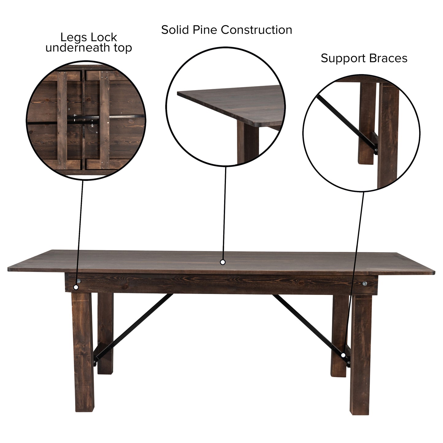 HERCULES 8' x 40" Rectangular Antique Rustic Mahogany Solid Pine Folding Farm Table Mahogany