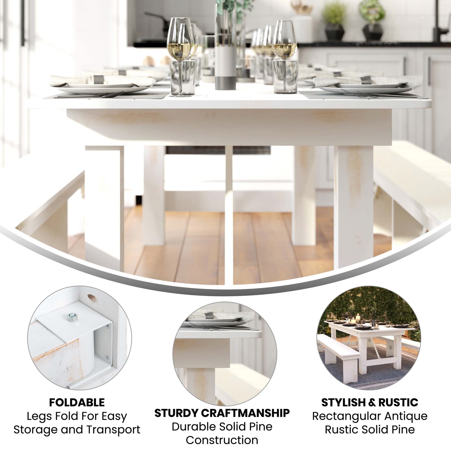 HERCULES Series 8' x 40" Rectangular Antique Rustic White Solid Pine Folding Farm Table Antique Rustic White