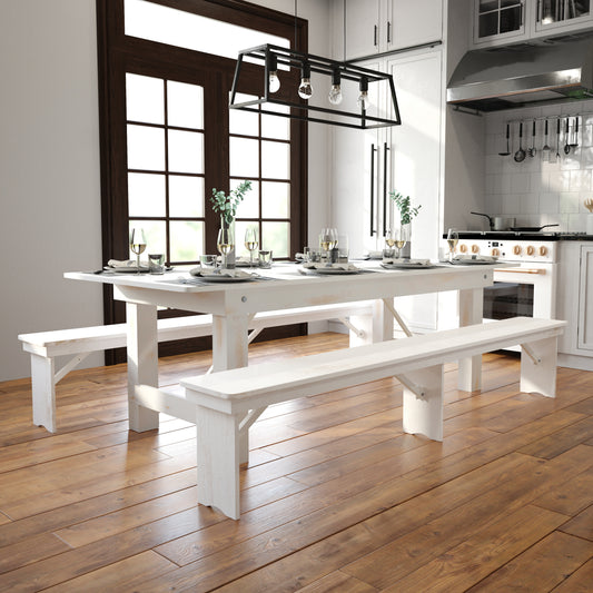 HERCULES Series 8' x 40" Rectangular Antique Rustic White Solid Pine Folding Farm Table Antique Rustic White