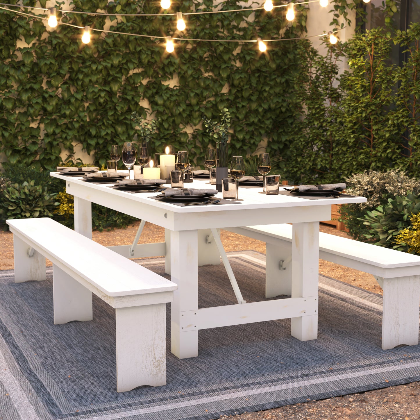 HERCULES Series 8' x 40" Rectangular Antique Rustic White Solid Pine Folding Farm Table Antique Rustic White
