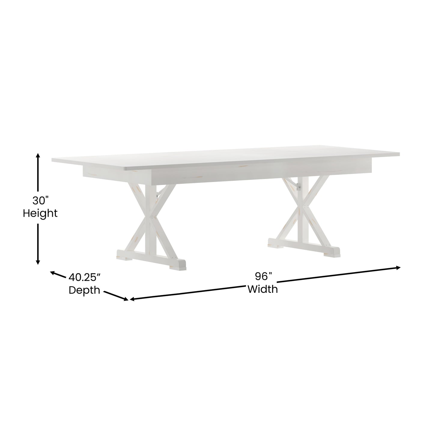 HERCULES 8' x 40" Rectangular Antique Rustic White Solid Pine Folding Farm Table with X Legs Antique Rustic White